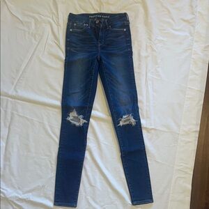 American Eagle Outfitters Blue Skinny Jeans with Distressed Details